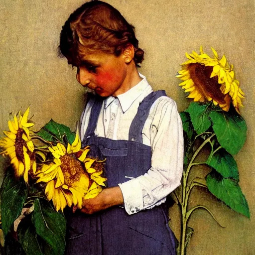 Image similar to norman rockwell portrait of a child holding sunflowers