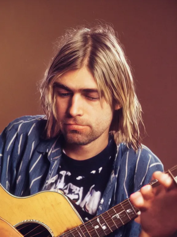 Prompt: 4K HD, high detail photograph, shot with Sigma f/ 4.2 , 250 mm sharp lens, overlap perspective, shallow depth of field : (subject= Kurt Cobain + subject detail= guitar, accurate body features, consistent, high detailed light refraction , high level texture render)