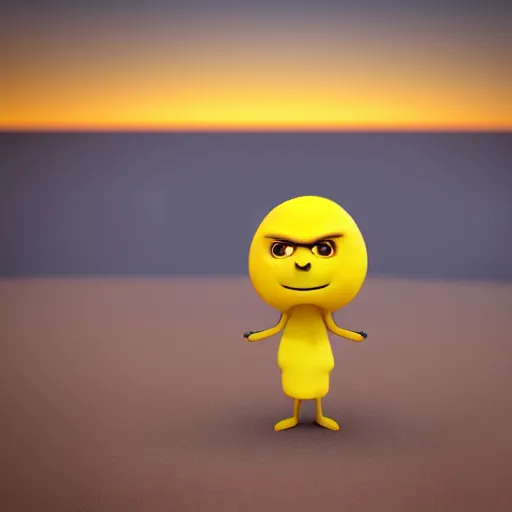 Prompt: 3 d render, chibi lemon character with an angry look on his face, he is wearing a hat, relaxing on the beach at sunset