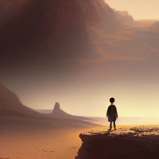 Prompt: a young boy traveling through the desert, painting by Greg Rutkowski, at dawn