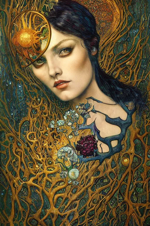 Image similar to Heart of Thorns by Karol Bak, Jean Deville, Gustav Klimt, and Vincent Van Gogh, Surreality, otherworldly, infernal enigma, Helliquary, fractal structures, celestial, arcane, ornate gilded medieval icon, third eye, spirals, dramatic sharp thorns, rich deep moody colors