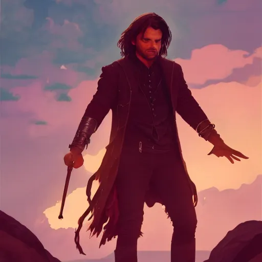 Image similar to sebastian stan as aragorn by ilya kuvshinov, leonardo divinci, greg rutkowski, alphonse mucha, mystical cosmic lighting, octane render, artstation, rey tracing, golden ratio, rule of thirds, perfect composition