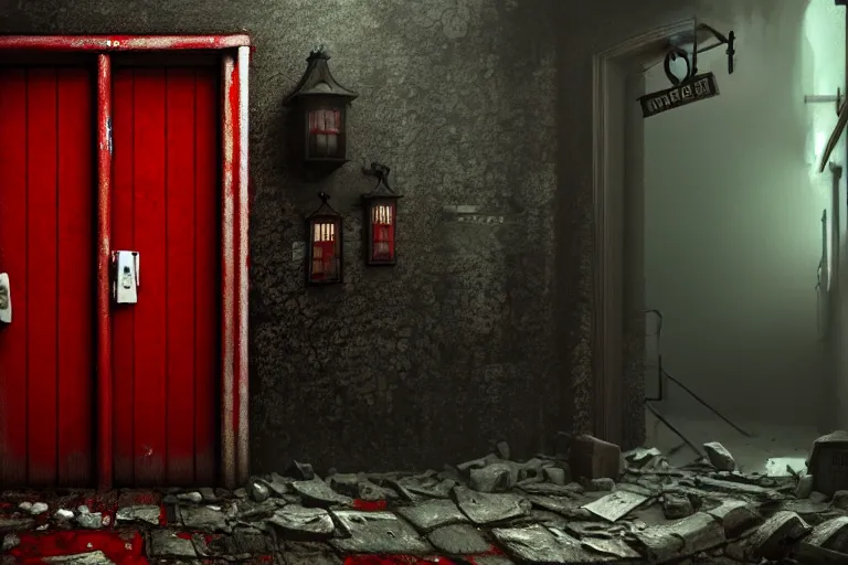 Prompt: boarded up padlocked red door, in a basement, chains across door, forbidden creepy mood, game art matte painting hyperdetailed, artstation, cgsociety, 8 k, surreal dream landscape