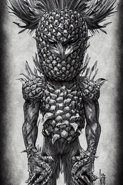 Image similar to pinapple humanoid figure monster, symmetrical, highly detailed, digital art, sharp focus, trending on art station, kentaro miura manga art style