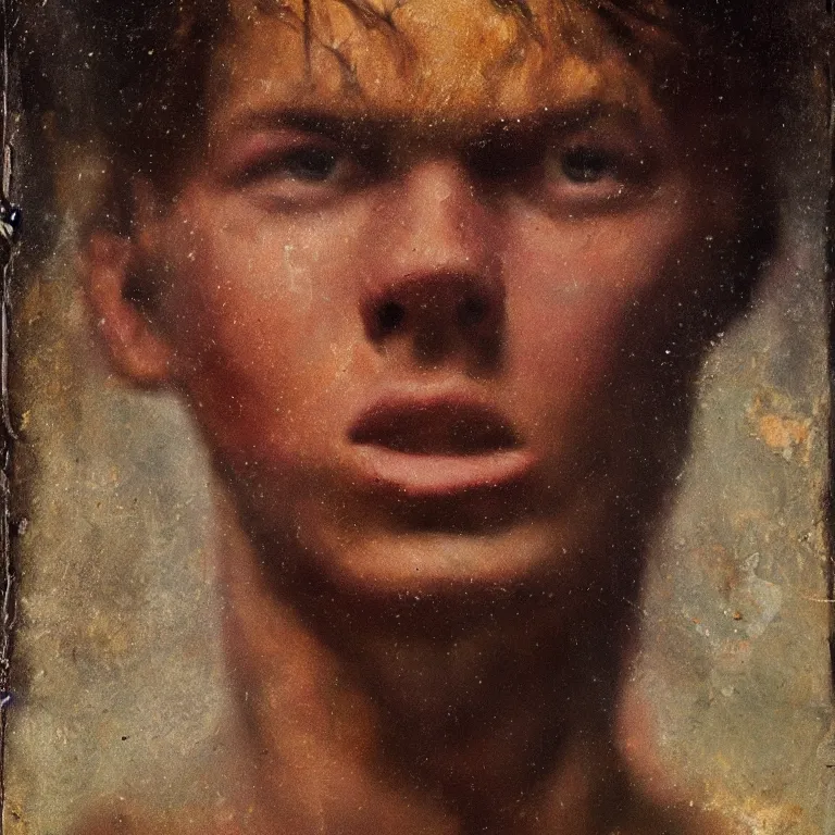 Image similar to Antique tintype of Beautiful warmly lit close up expressionistic studio portrait of young teenage the Hulk frowning severely, impasto oil painting heavy brushstrokes by Cy Twombly and Anselm Kiefer , trending on artstation dramatic lighting abstract Expressionism