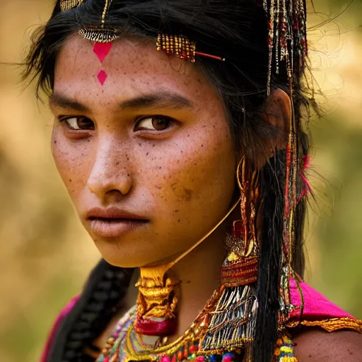 Image similar to portrait of a stunningly beautiful alluring nepalese tribal female, depth of field, zeiss lens, detailed, symmetrical, centered, fashion photoshoot, by annie leibovitz and steve mccurry, david lazar, jimmy nelsson, breathtaking, 8 k resolution, extremely detailed, beautiful, establishing shot, artistic, hyperrealistic, beautiful face, octane render