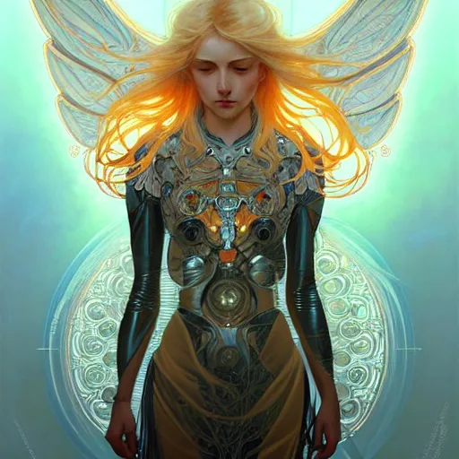 Image similar to A cybernetic girl with blonde hair, glowing halo, huge highly detailed intricate wings, art nouveau, fantasy, intricate, elegant, highly detailed, digital painting, artstation, concept art, smooth, sharp focus, illustration, art by Krenz Cushart and Artem Demura and alphonse mucha