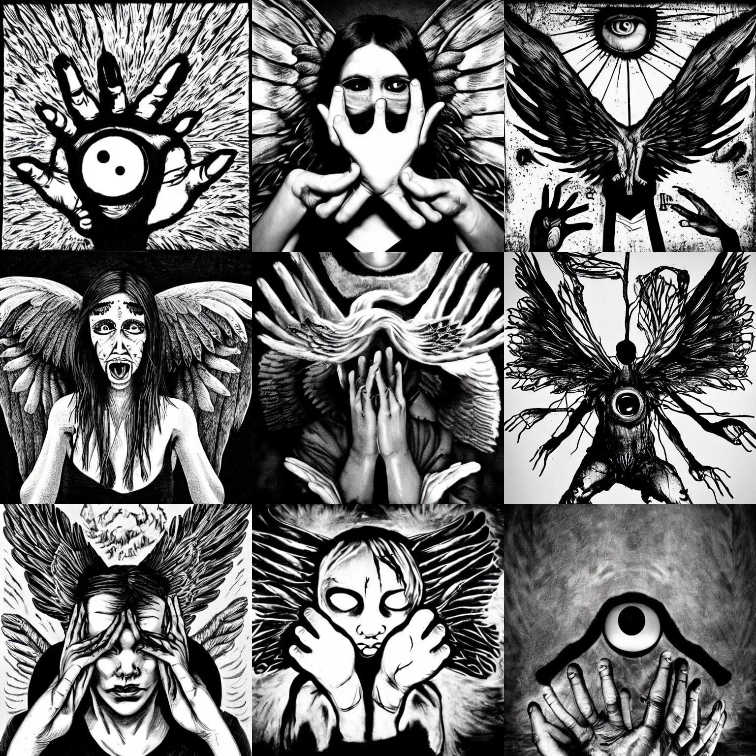 Prompt: absurd image with eyes, hands, wings, symbolism, black and white, weirdcore, art