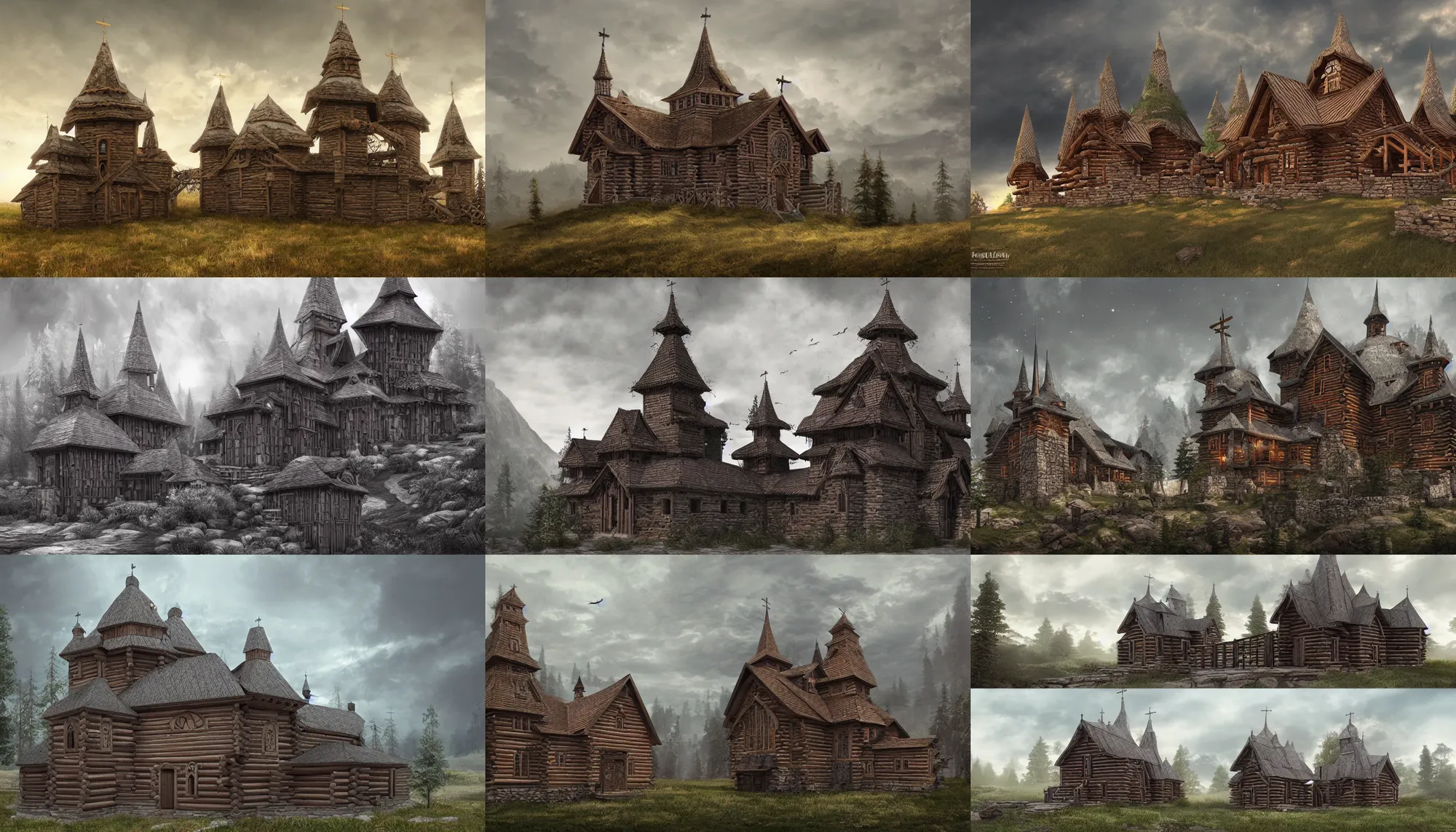 Prompt: tall castle enclosed palisaded, with christian wooden churches and domes on them, log houses built on hills, slavic, tartarian architecture, gray skies,, hyper - detailed, artstation, cgsociety, 8 k