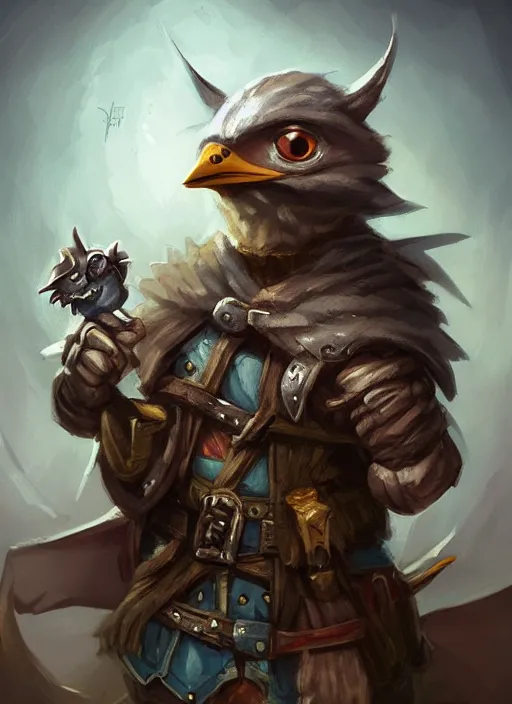 Prompt: cute little anthropomorphic rockfowl bandit wearing Karrus's shroud, tiny, small, miniature animal, baby animal, short, pale black armor, cute and adorable, pretty, beautiful, DnD character art portrait, matte fantasy painting, DeviantArt Artstation, by Jason Felix by Steve Argyle by Tyler Jacobson by Peter Mohrbacher, cinematic lighting