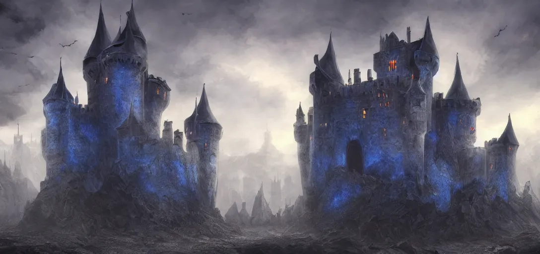 Image similar to A digital concept art painting of a dark blue medieval fantasy european ghotic castle with black brick in desert, 4K UHD image, unreal engine