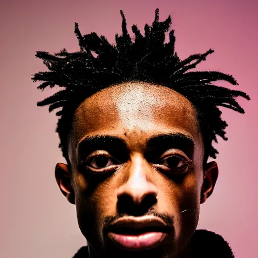 Image similar to portrait of down syndrome playboi carti sharp focus, 4 k editorial photograph, soft lighting, black background