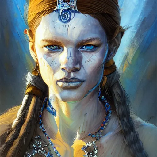 Prompt: highly detailed painting of a viking warrior goddess woman, maldivian, blue eyes, high fantasy art by jon foster trending on arstation
