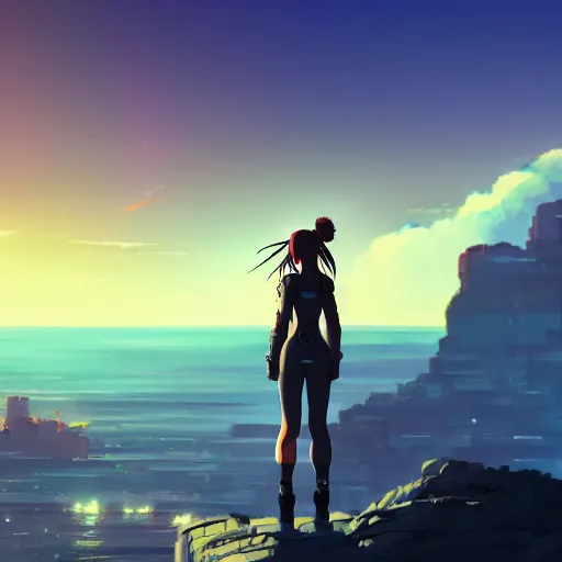 Image similar to A cyborg girl standing on the hill looking at the sea with a sunset in style of Makoto Shinkai and Cyberpunk. ArtStation, 8K, Highly Detailed, Intricate, Album Art.