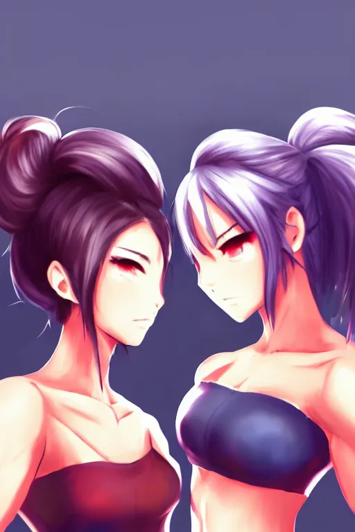 Prompt: two beautiful female fighters with hair tied in bun facing each other, gorgeous features, high definition, sharp focus, detailed anime art, pixiv