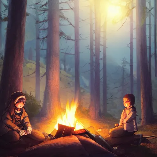 Image similar to yuru camp anime campfire hyperdetailed blue eyes, trending on artstation, cinematic lighting, highly realistically detailed, trending on pixiv , Unreal Engine 4k, detailed faces, manga cover, official anime key visual by greg rutkowski