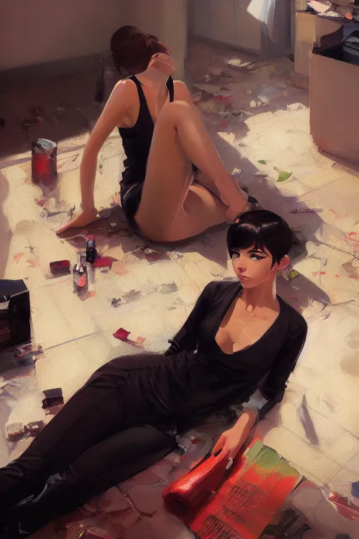 Image similar to A ultradetailed beautiful portrait panting of a stylish woman sitting on the ground of a messy apartment, Oil painting, by Ilya Kuvshinov, Greg Rutkowski and Makoto Shinkai