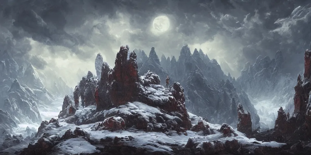 Image similar to Epic Exterior of The dragon's lair, craggy cliffs, swirling skies, blood moon, very ominous environment, icy ground, wintry light, snowy stunning atmosphere, god light, light shafts, epic realm, bloom, in style of Ivan Shishkin and in style of Greg Rutkowski