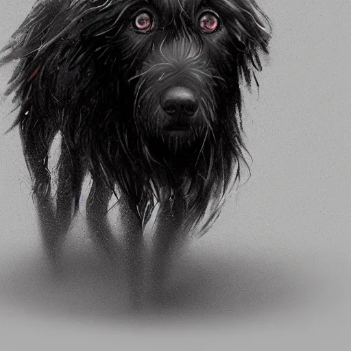 Prompt: a wet dog with very long fur which covers his eyes, concept art, trending on artstation 3D.