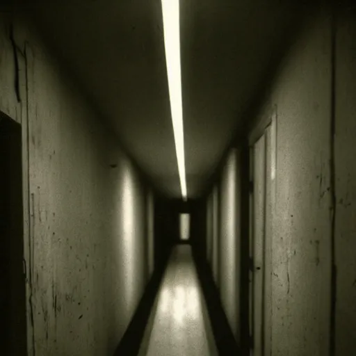 Image similar to a creepy long dark hallway with Samara Morgan standing at the end of it, liminal space, 35mm photograph, flash photography