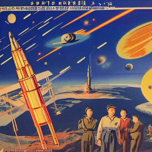 Image similar to [North Korean space mission, 1950 poster, very detailed, cinematic lighting, matte, sharp, photography]