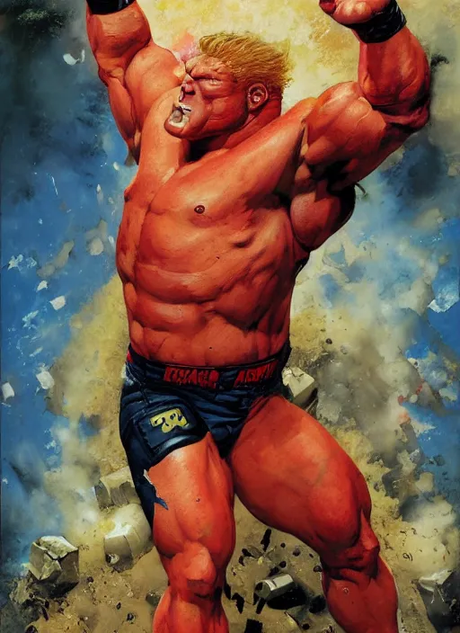 Image similar to full body and head portrait of brock lesnar as marvel mutant juggernaut, dynamic action, painted by norman rockwell and phil hale and greg staples and tom lovell and frank schoonover and jack kirby