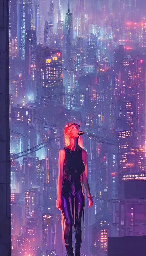 Image similar to night portrait of cyberpunk show girl on a roof, looking up at cityscape of vertical cyberpunk city with high towers, shanghai, Alena Aenami and artgerm