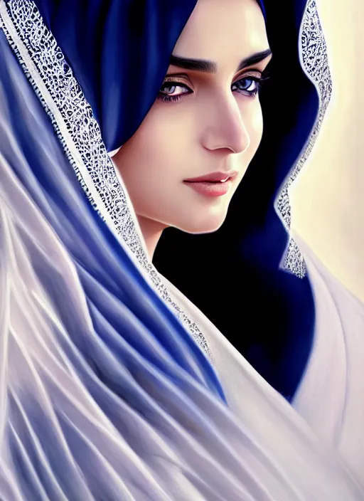 Image similar to arab ameera al taweel, blue eyes, long wavy black hair, white veil, in the style of stefan kostic, realistic, sharp focus, 8k high definition, insanely detailed, intricate, elegant, art by stanley lau and artgerm