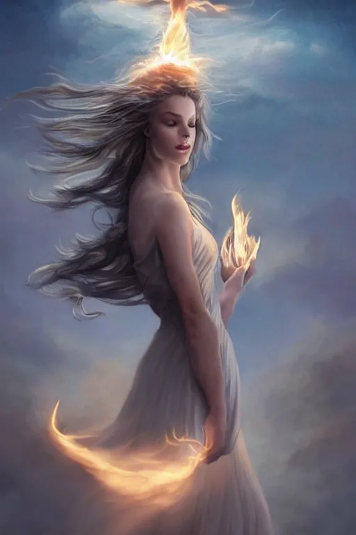 Image similar to a celestial goddess casts a fire magical spell, windy floating hair!!, moody muted tones, surrealistic, seductive beauty! cinematic volumetric lights, full portrait, dnd, fantasy, intricate, elegant, highly detailed, digital painting, artstation, concept art, smooth, sharp focus, illustration, art by artgerm and tom bagshaw and greg rutkowski and alphonse mucha
