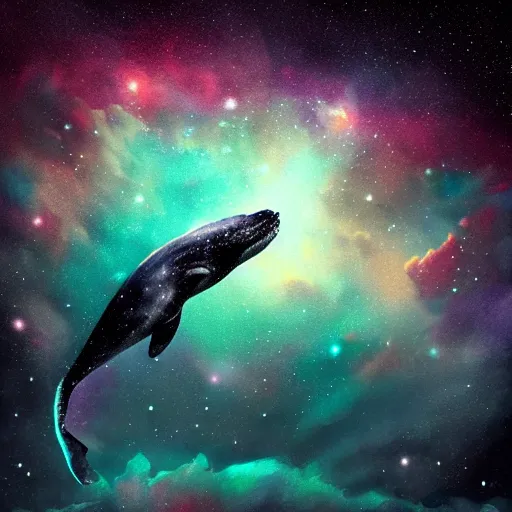 Image similar to portrait of whale swimming on a night sky, swimming across the universe, nebulae, galaxies, oniric, dreamy, beautiful, highly detailed, cinematic, trending on artstation