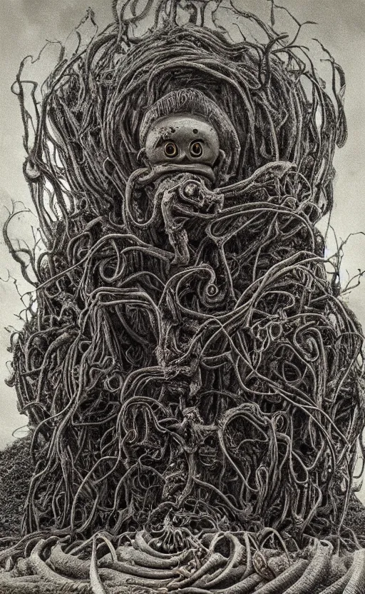 Image similar to thomas the tank engine in style of zdzisław beksinski, extremely dramatic lighting, 8 k, tendrils, black, darkness, black slime tendrils, infected, rust, body horror, thomas the train, thomas the tank engine face, horror,