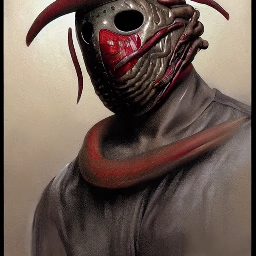 Prompt: a realistic painting by Raffaello Sanzi depicting Jason Voorhees with the head of the symbiotic Xenomorph in the futurism Renaissance era ,smooth,Sharp focus, realism, trending on Artstation,Art by Greg Rutkowski and Alphonse Mucha