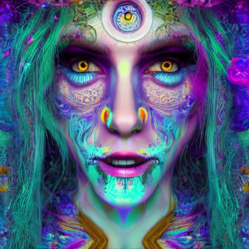 Image similar to psychadelic witch, beautiful face, hyper detailed, flowing psychadelic background intricate and detailed, ornate 8 k gorgeous intricate detailed, octane render