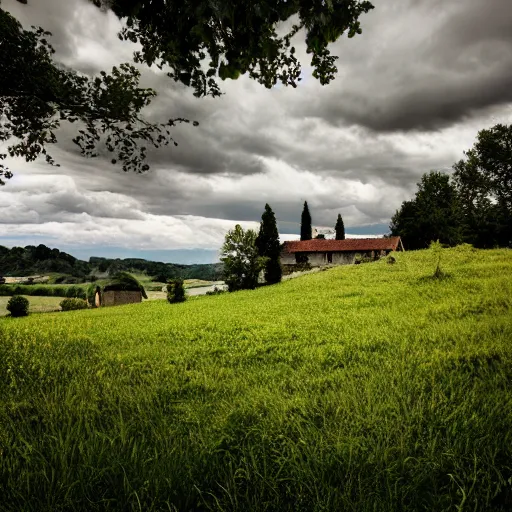 Image similar to dordogne typical landscape, hills in the background, summer, river, ultra detailed, ultra sharp, award winning. 8 k, flowers, trees, old house, thunderstorm and rain, very dark clouds. heavy rain, octane render.