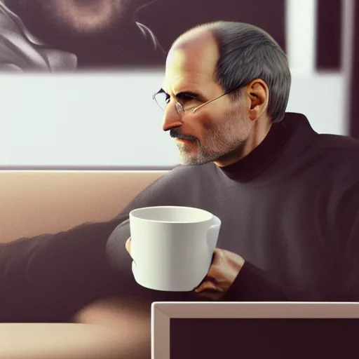 Prompt: A high definition photo of Steve Jobs drinking a cup of coffee on a couch in his living room, hyperdetailed, artstation, digital art, photorealism, accurate, 8k,