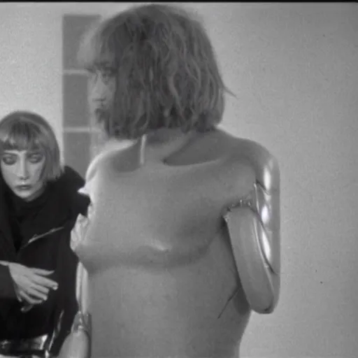 Image similar to a man and a robot in a moment of jealousy, movie still, Movie by Andrzej Zulawski and David Lynch