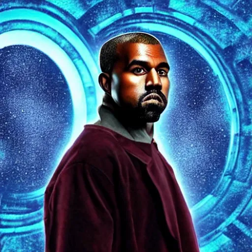 Image similar to a full body photograph of kanye west as'doctor who ', time vortex in the background, detailed face, symmetrical face, extreme realism and detail, 8 k, completely framed, direct lighting, 3 5 mm photo, photorealistic, sharp focus