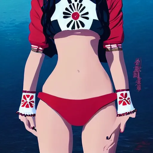 Image similar to a beautiful young japanese natalie portman alluring gravure model, stylized concept art, wearing elegant designer bomber jacket and one piece bikini, bomber jacket with mesoamerican patterns, mesoamerican native street fashion, princess mononoke, painted by ilya kuvshinov aesthetic, gorgeous, stunning, alluring, attractive, artstation, pinterest, digital art