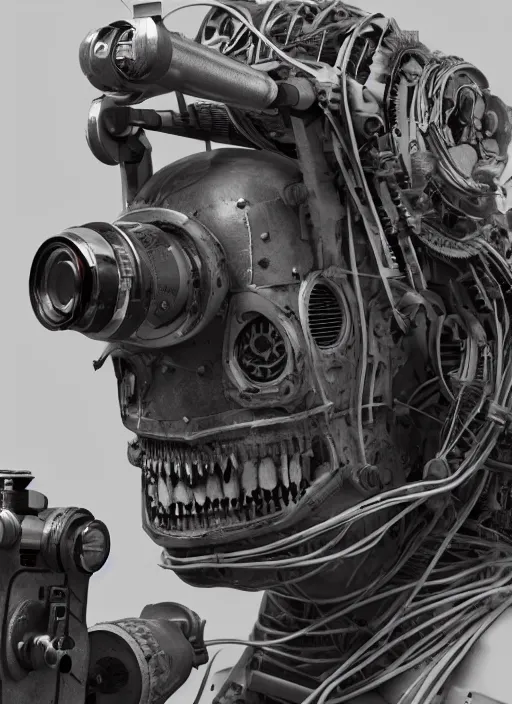 Image similar to automaton with an old - school camera for a head, sci - fi, dystopian, 4 k, realistic, render, detailed, gears, wires, cables, gadgets