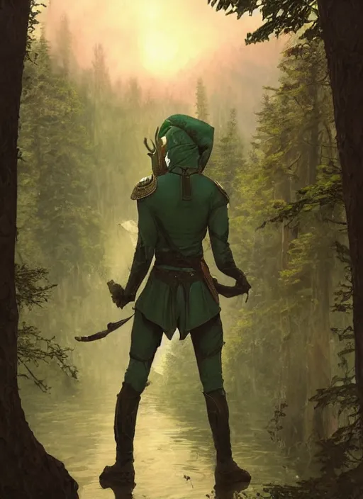 Prompt: elven soldier wearing a dark green tunic with a shield on his back standing at a forest looking for adventure in the mountains, tall trees, landscape is lush, moody sunset in background, greg rutkowski, alphonse mucha, trending on artstation, artgerm, unreal engine, breathtaking, award winning, highly detailed