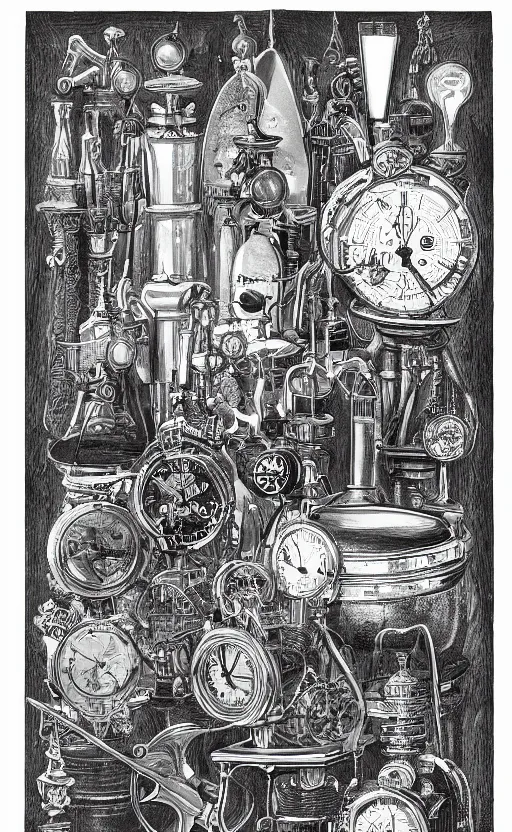 Prompt: black and white lithograph of some mysterious and arcane steampunk objects. editorial composition, fine lines, 4 k, high details