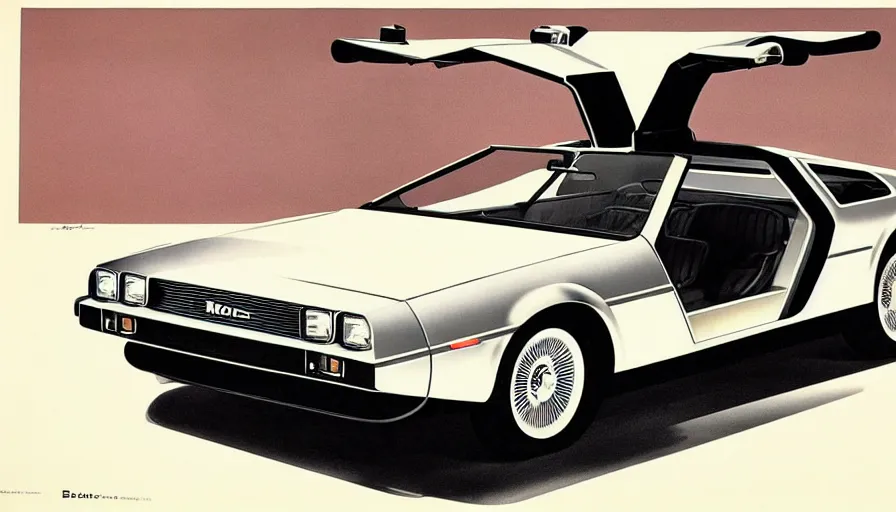 Image similar to 1955 DeLorean as designed by Ford concept by Syd Mead, catalog print