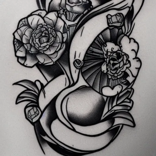 Image similar to a tattoo of balloons, tattoo art, black and white tattoo,