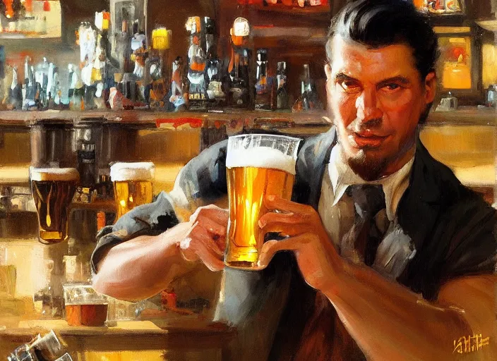 Image similar to greg manchess still - life painting of a delicious mug of beer in an orcish dieselpunk bar, close - up, organic painting, matte painting, bold shapes, hard edges, street art, trending on artstation, by huang guangjian and gil elvgren and sachin teng