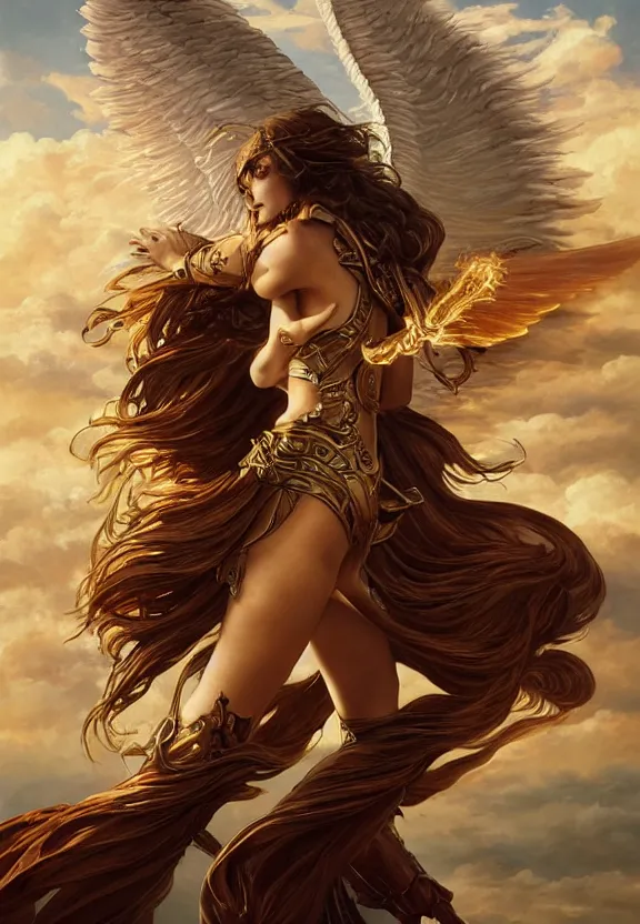 Prompt: A beautiful fierce angel with wings, wearing metal battle armor and a flaming sword, among heavenly sunlit clouds, intricate, elegant, detailed, digital painting, golden hour photography, medium shot, trending on artstation, concept art, smooth, sharp focus, illustration, art by artgerm and Greg Rutkowski and Alphonse Mucha