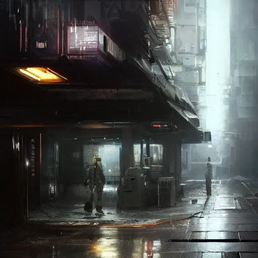 Image similar to doorway, empty sidewalk of a cyberpunk megacity, dramatic lighting, detailed background, gorgeous view, realistic, high detail, depth of field, lightrays, atmospheric, digital art, painted by jeremy mann, trending on artstation