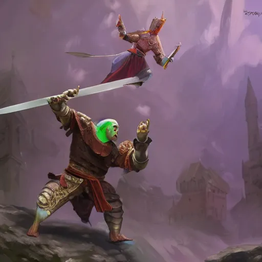 Prompt: Giant monk parakeet fight withs medieval knight with sword. Enchained, restrained. Bloom, volumetric lighting. Fantasy, digital painting, HD, 4k, detailed.