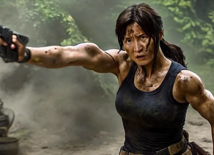 Prompt: film still of!!!! jackie chan jackie chan jackie chan!!! as lara croft in new tomb raider movie, 8 k