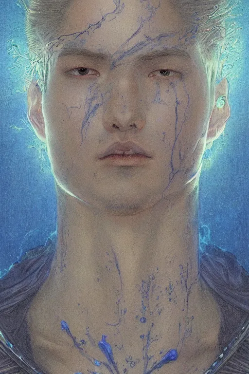 Image similar to portrait of beautiful young man, warhammer, japanic style, cyberpunk, a lot of scars, more and more flowers, blue head, the middle ages, highly detailed, artstation, illustration, art by jean delville, 8 k quality