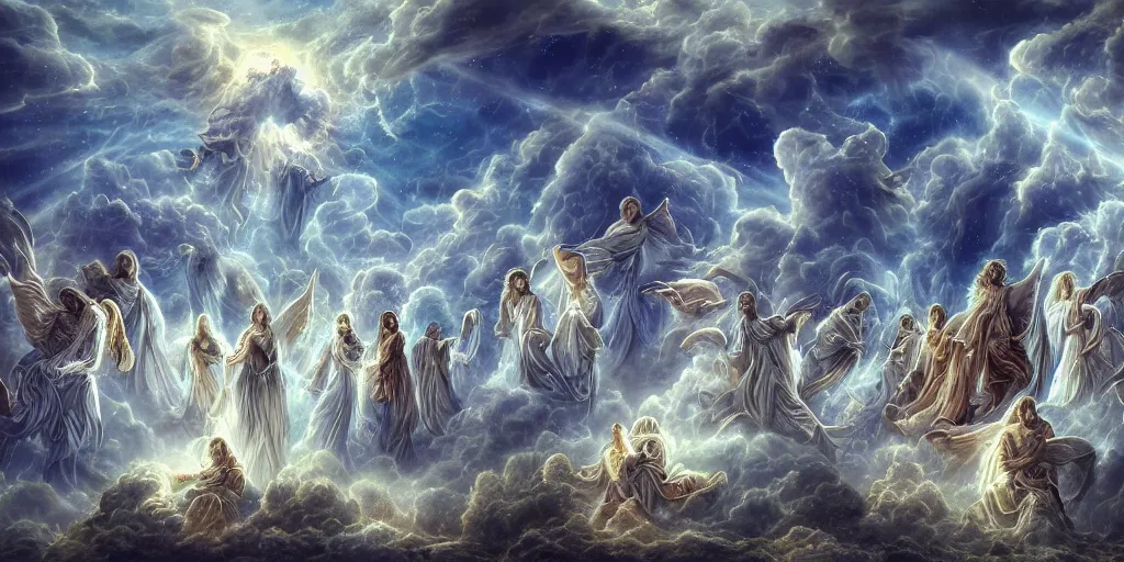 Image similar to the celestial cohort in all its glory, the angels, archangels, cherubims, thrones, dominions, seraphims, holy lighting, epic clouds, heaven, amazing,